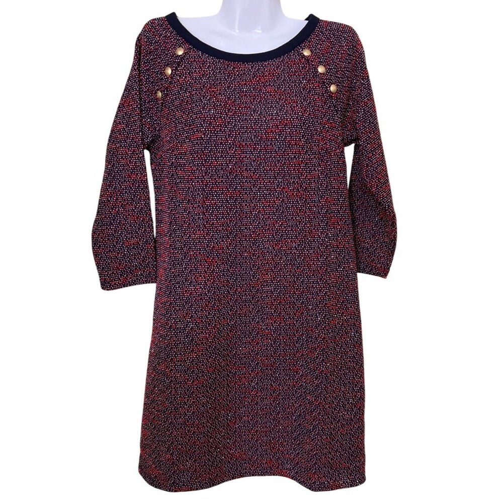 Talbots Petite Knit Dress SZ MP‎  Multi-Color Gold Button Accent & 3/4 Sleeves